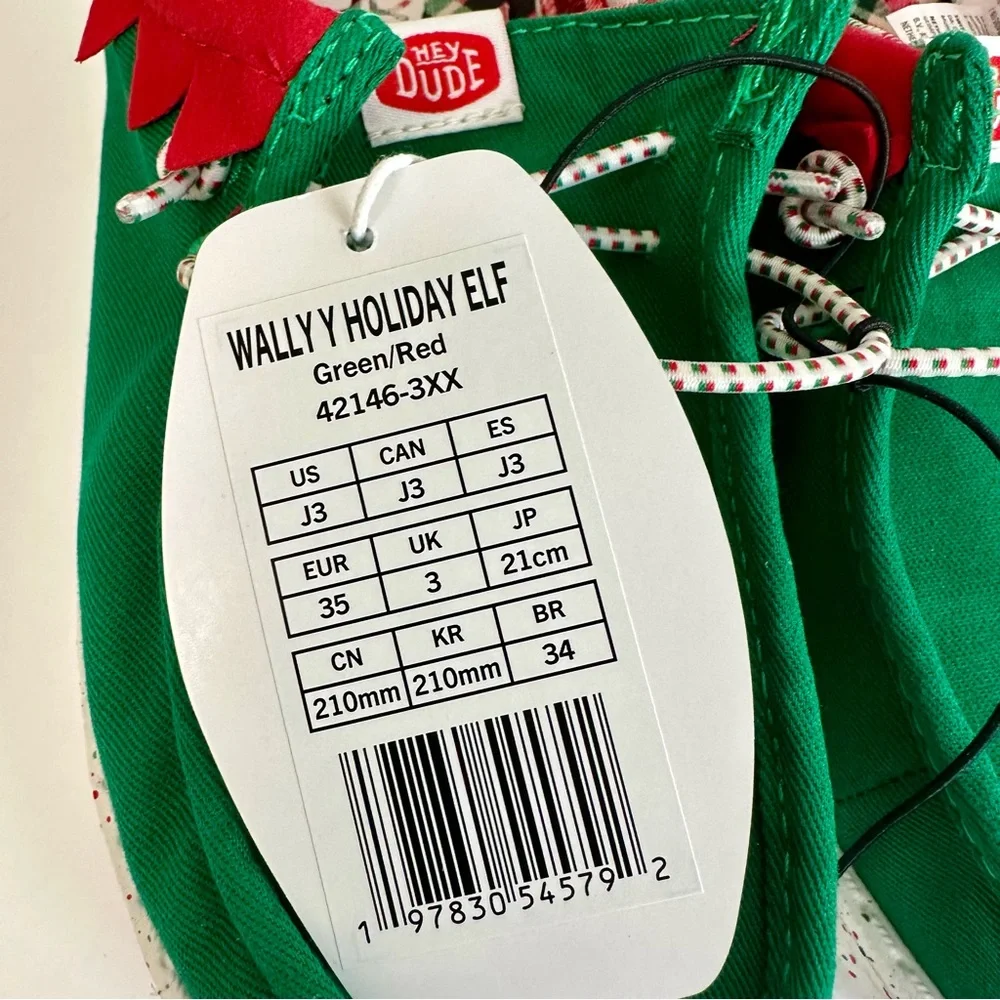 NWT-Hey Dude Big Kids Wally Holiday Elf Green and Red Shoes- Junior Size 3